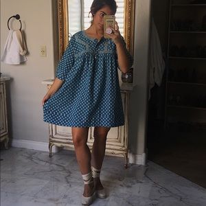 Blue and white detail baby-doll dress